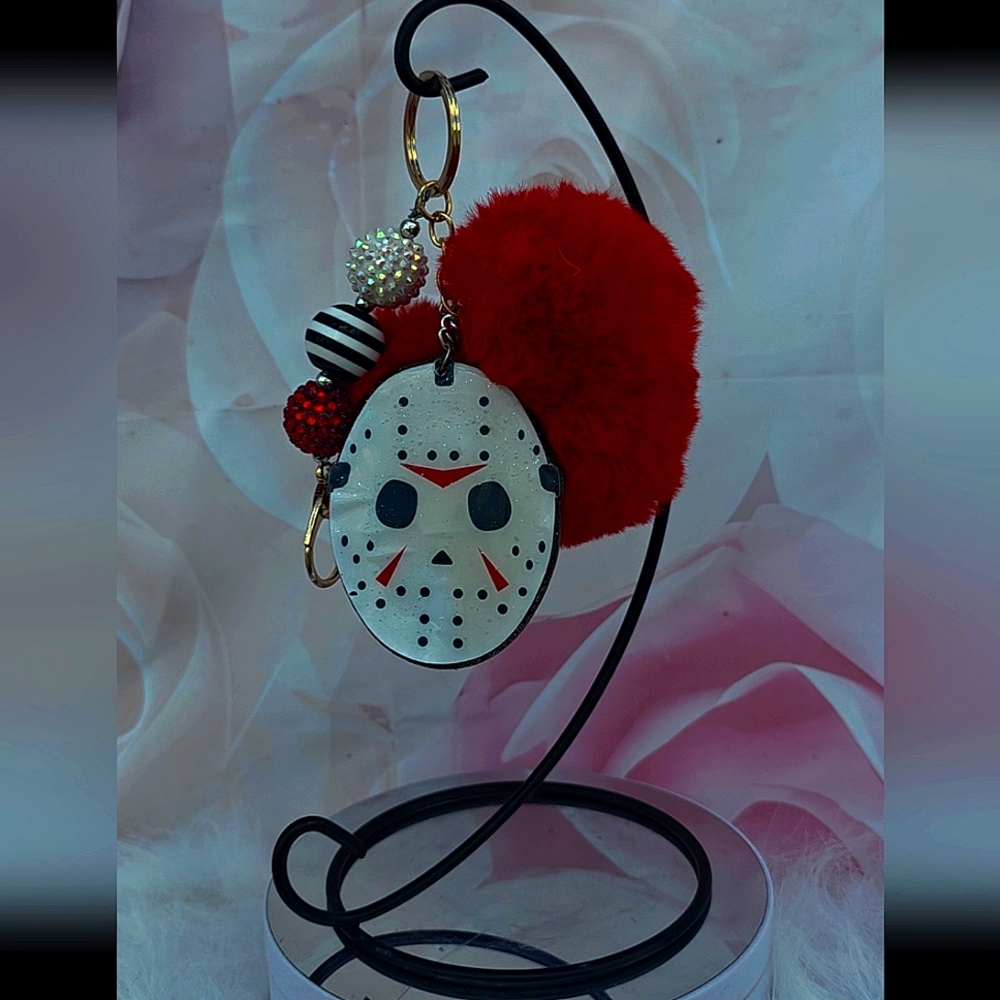 Horror Mask Keychain with Red Pom Pom & Beads
